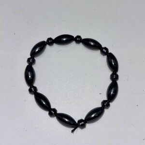 Vintage Magnetic Hematite Stretch Bracelet Black Oval Rice Beads Unisex 8"‎